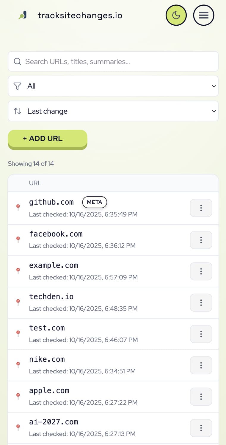 TrackSiteChanges — mobile preview (light)